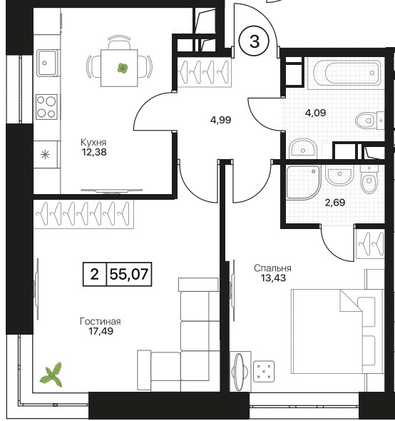Планировка 55.07 м²