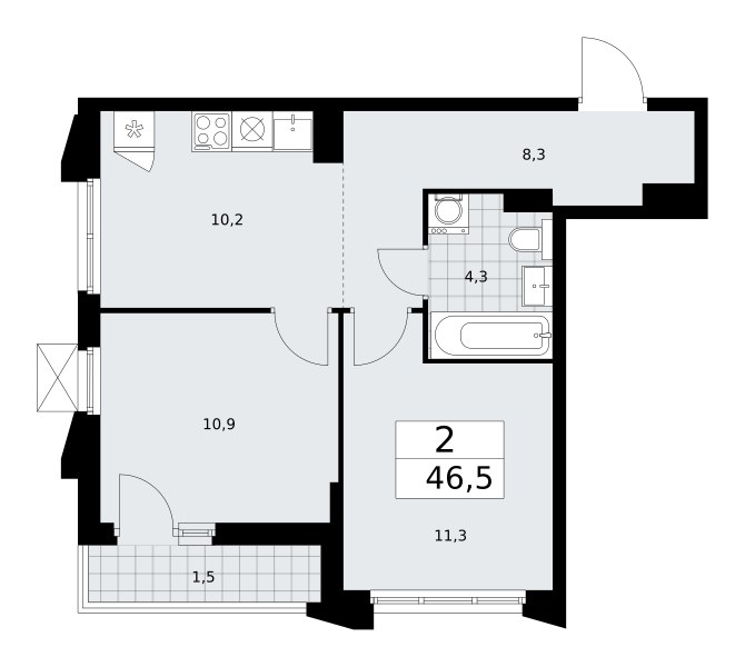 Планировка: 2-комнатная, 46.5 м²