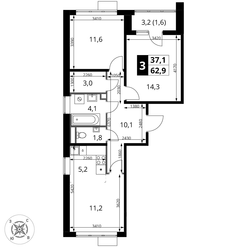Планировка 62.9 м²