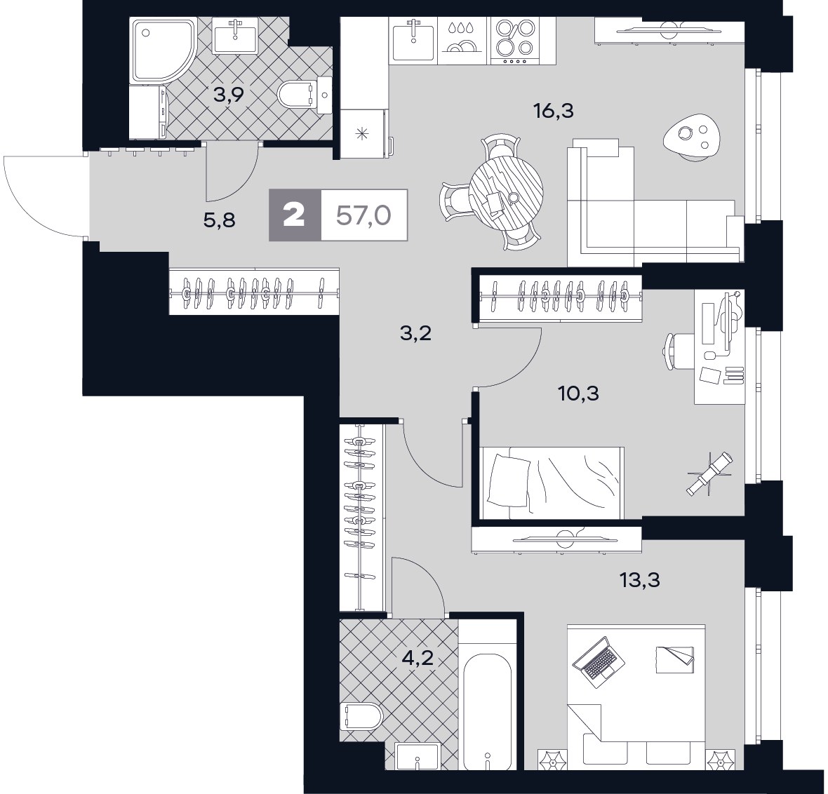 Планировка 57.0 м²