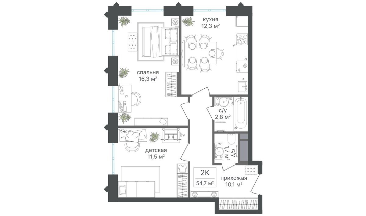 Планировка 54.3 м²
