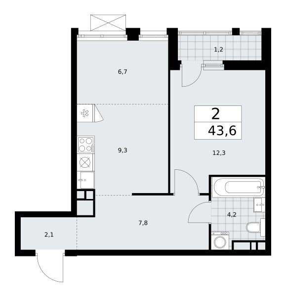 Планировка: 2-комнатная, 43.6 м²