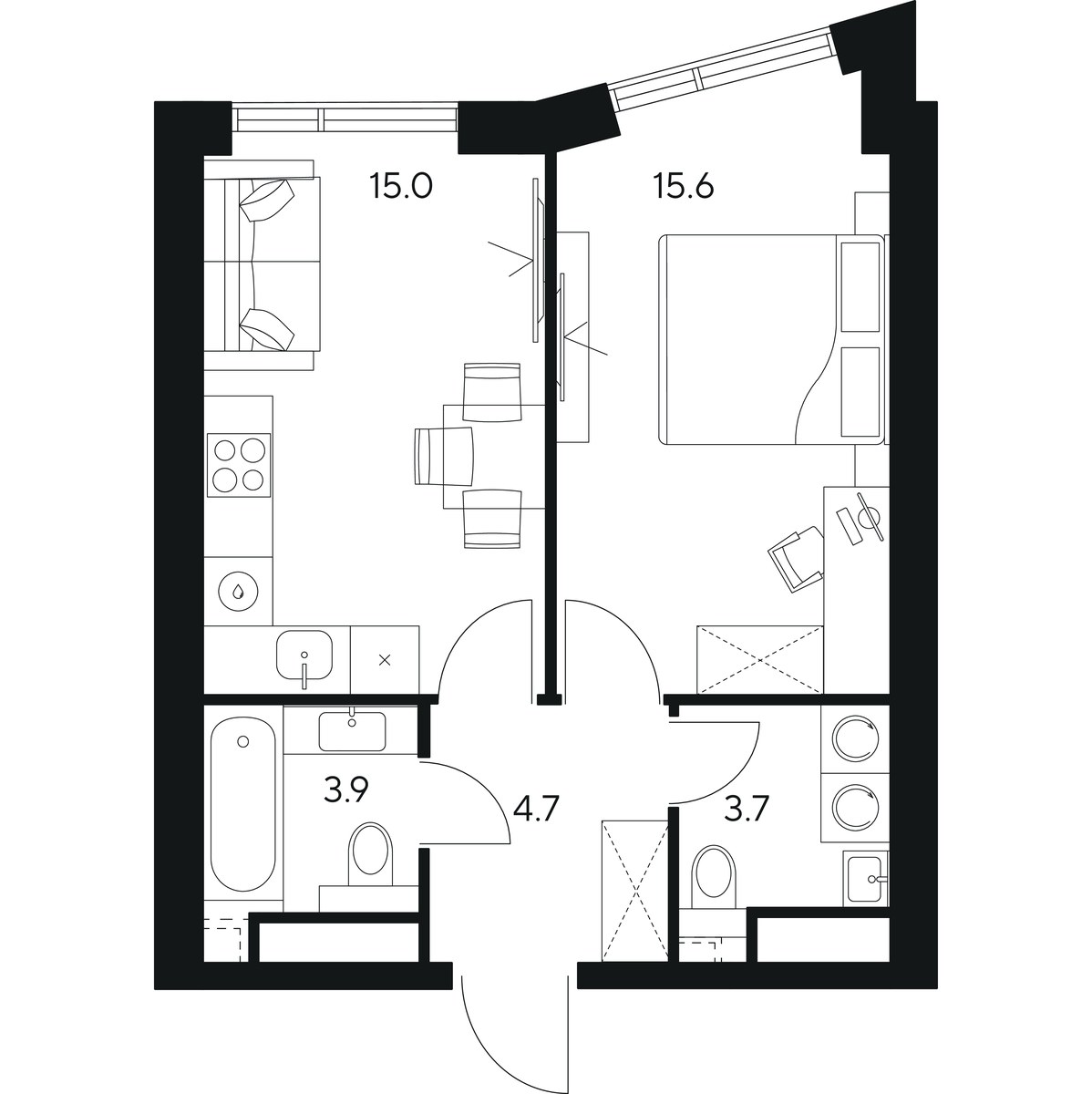 Планировка: 1-комнатная, 42.9 м²