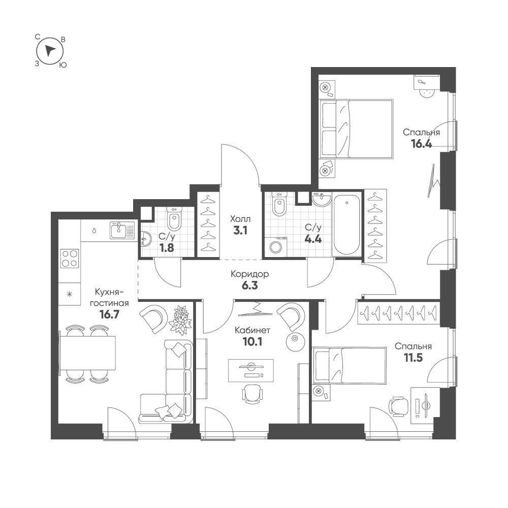 Планировка 70.3 м²