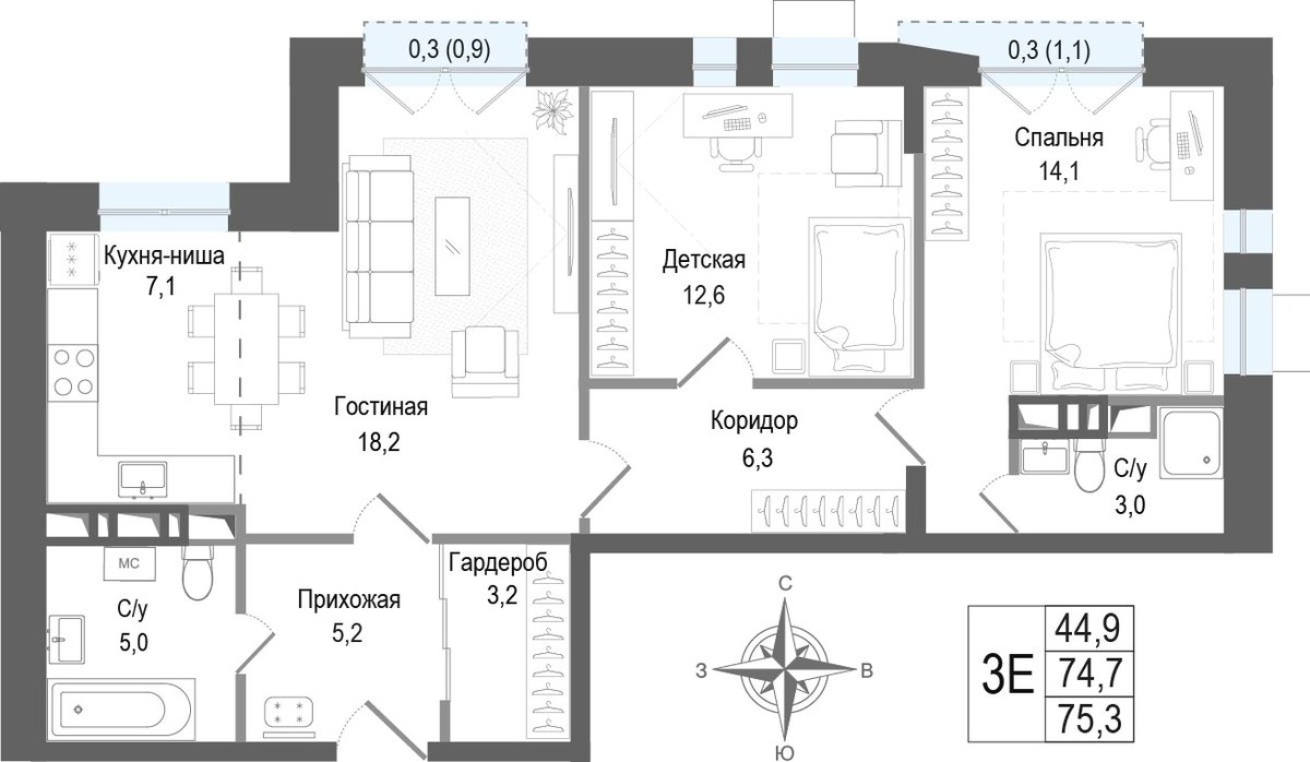 Планировка 74.9 м²