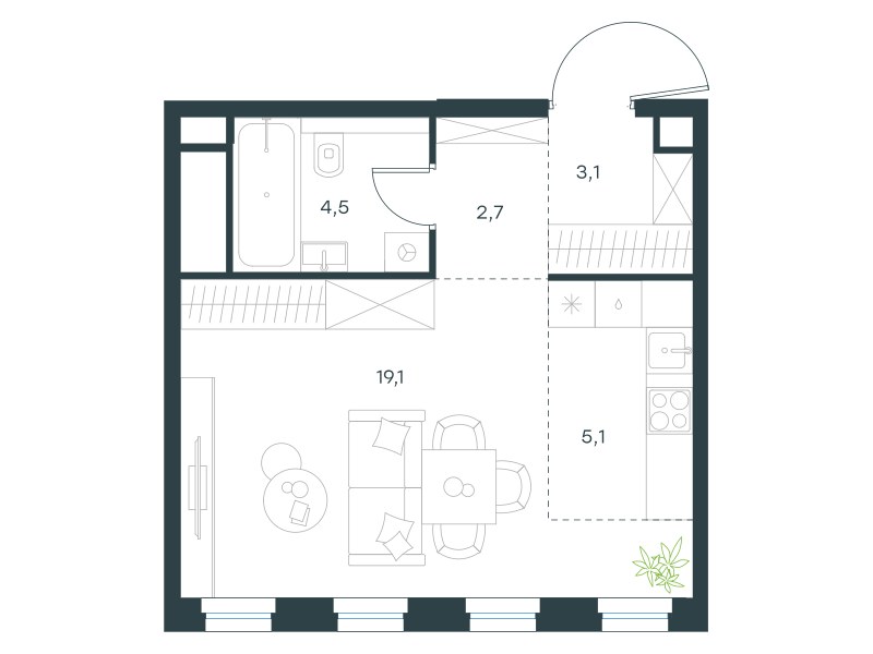Планировка: 1-комнатная, 34.5 м²