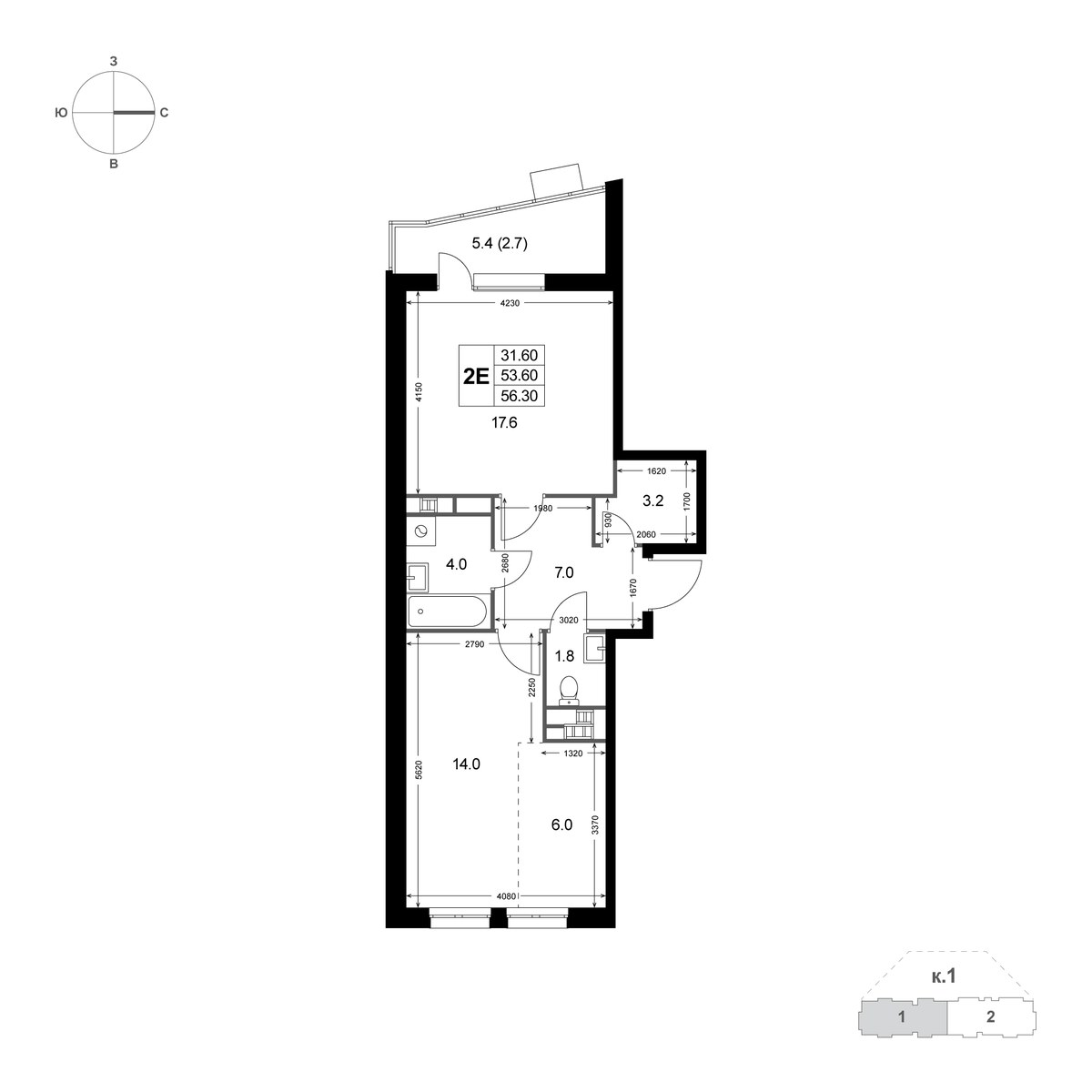 Планировка 56.5 м²