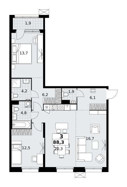 Планировка: 3-комнатная, 88.3 м²