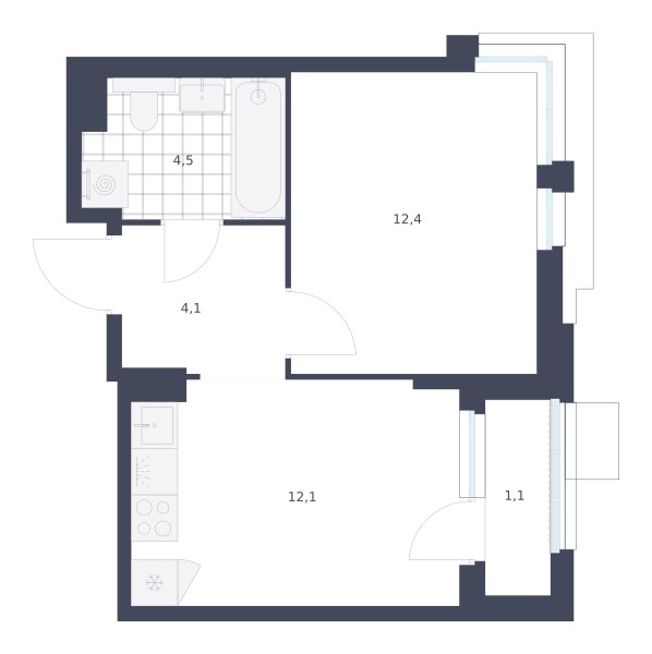 Планировка: 1-комнатная, 34.2 м²