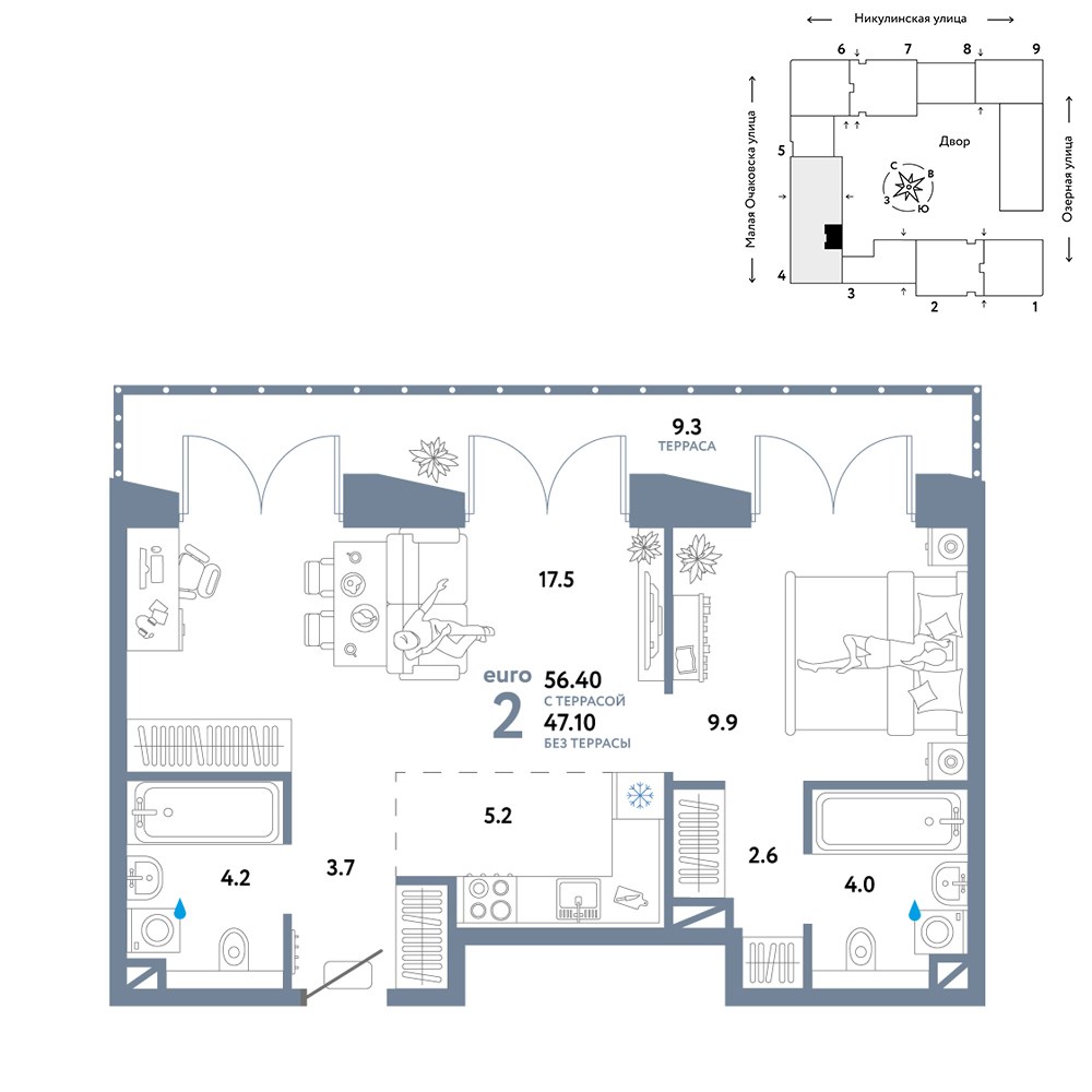Планировка 56.4 м²