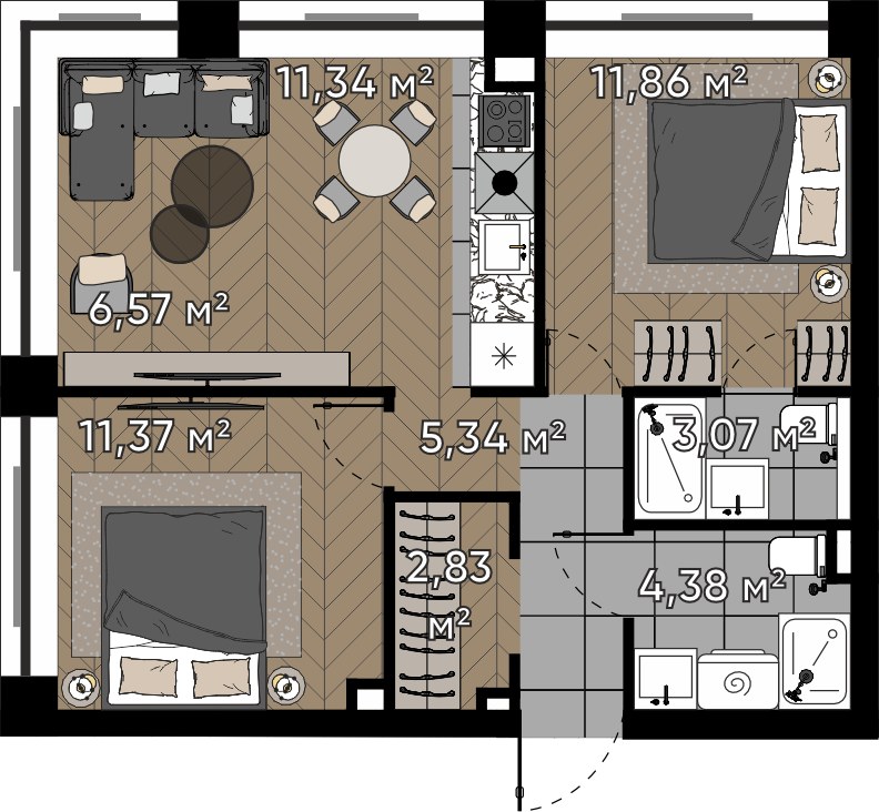 Планировка 56.76 м²