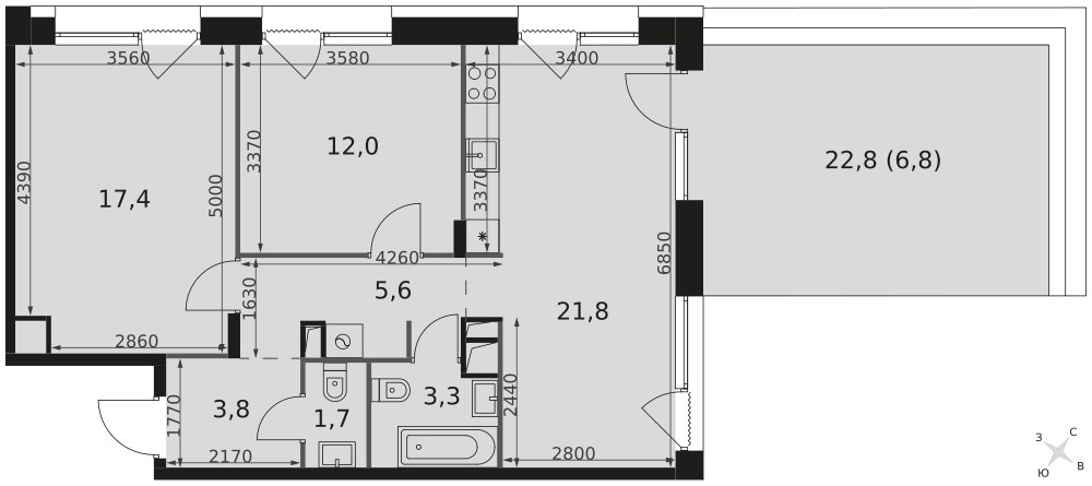 Планировка: 3-комнатная, 72.8 м²