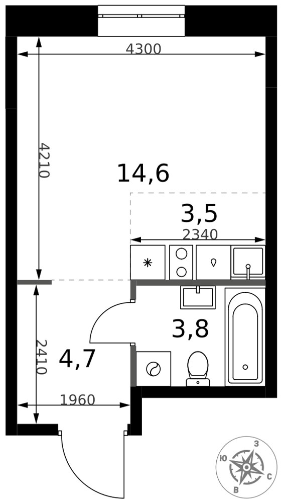 Планировка: Студия, 26.6 м²