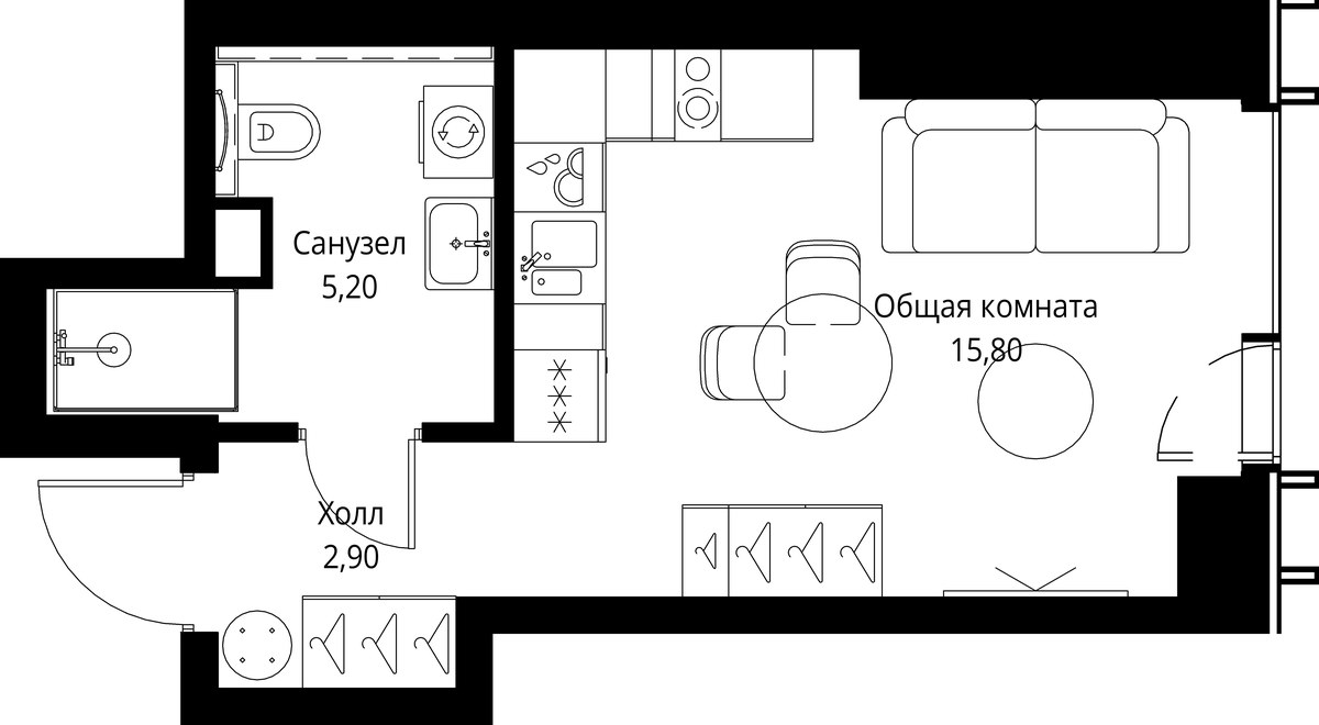 Планировка: 1-комнатная, 23.9 м²