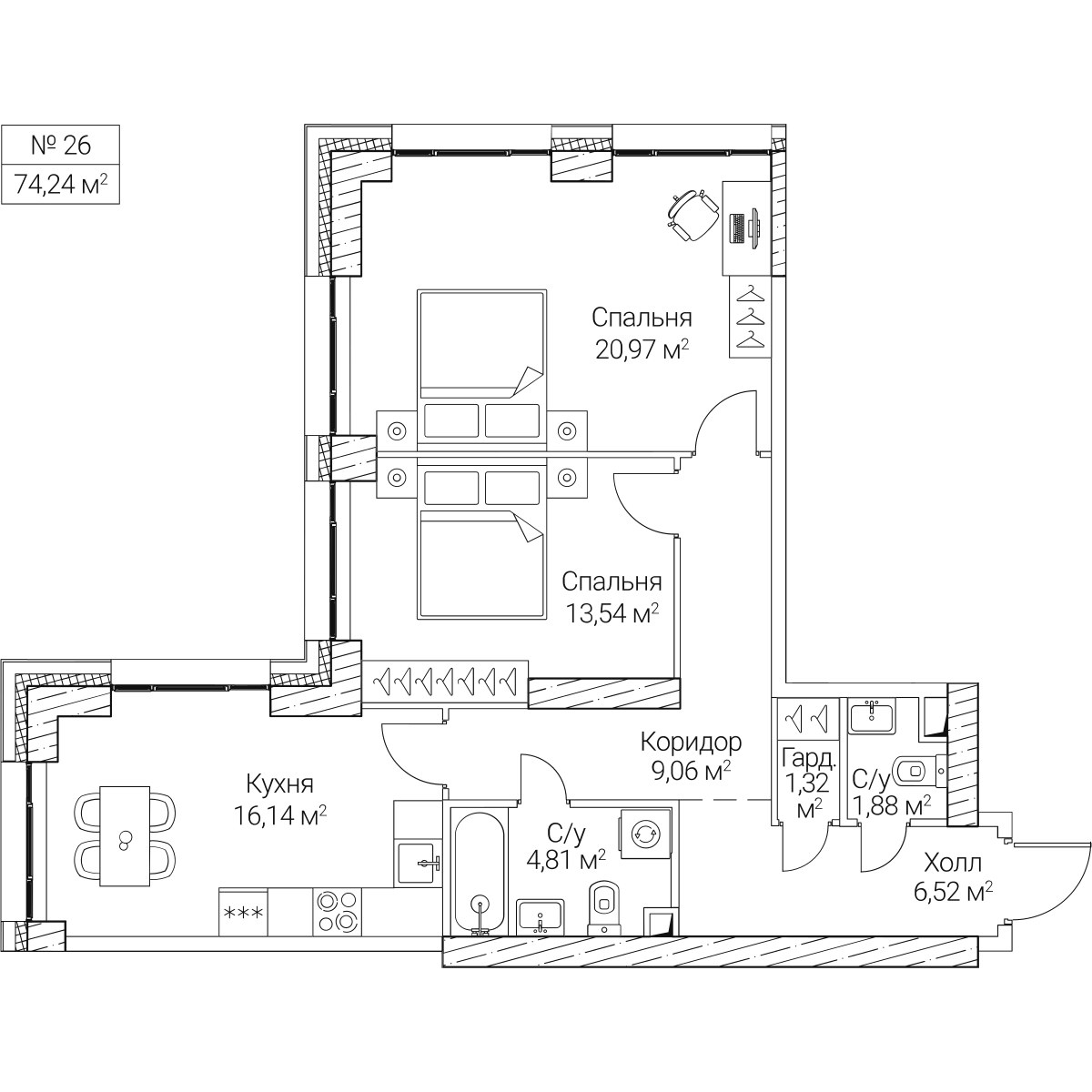 Планировка 74.24 м²