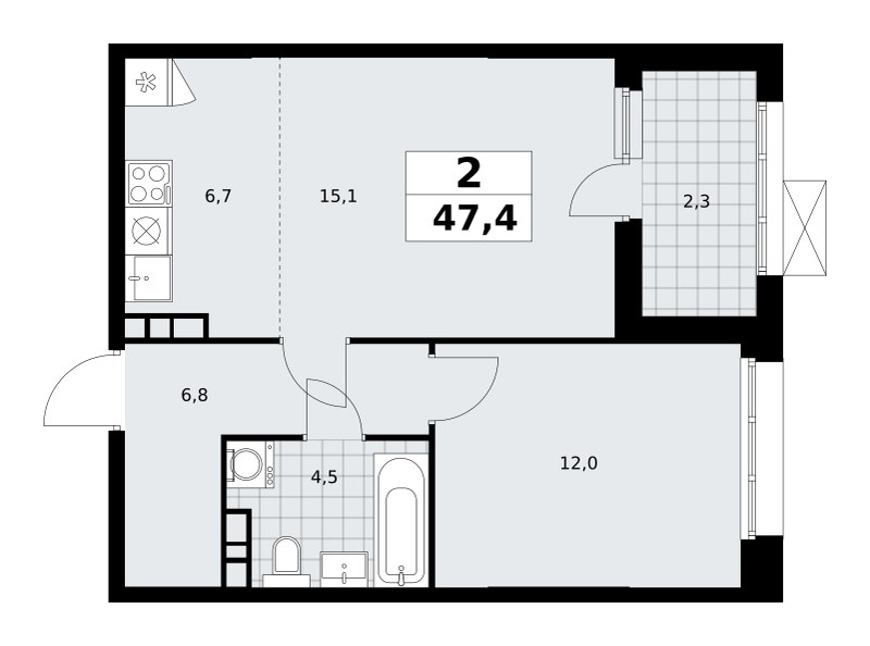 Планировка: 2-комнатная, 47.2 м²