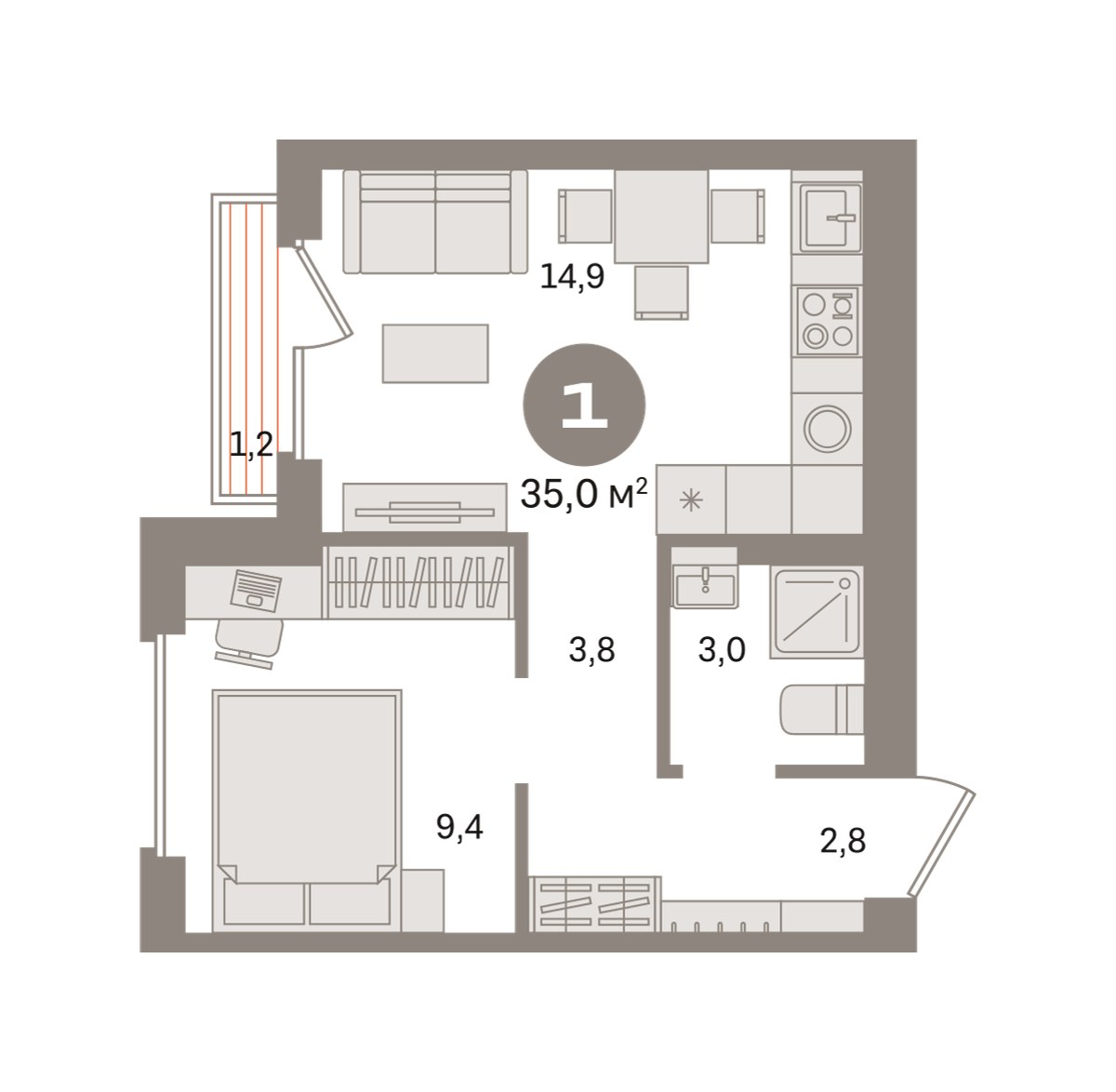 Планировка 34.96 м²