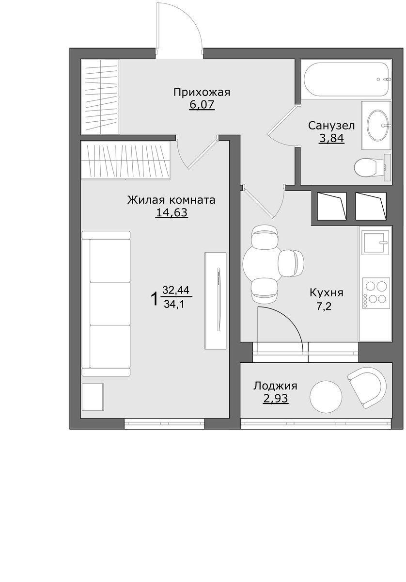 Планировка 33.9 м²