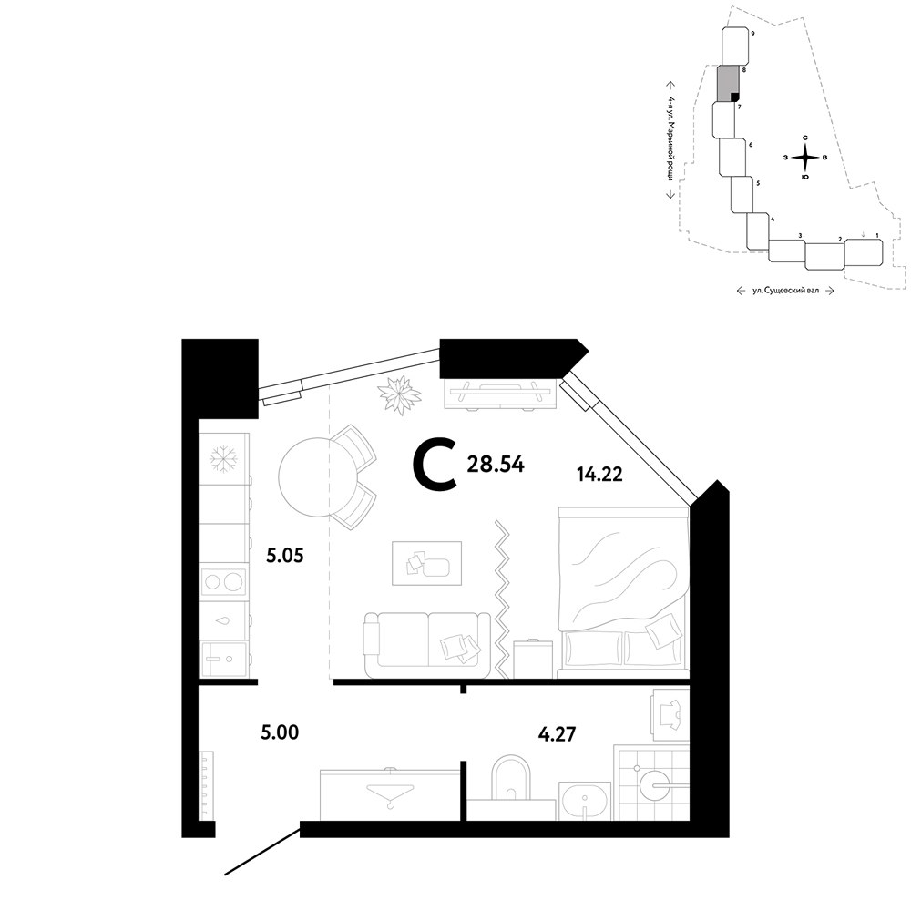 Планировка: Студия, 28.54 м²