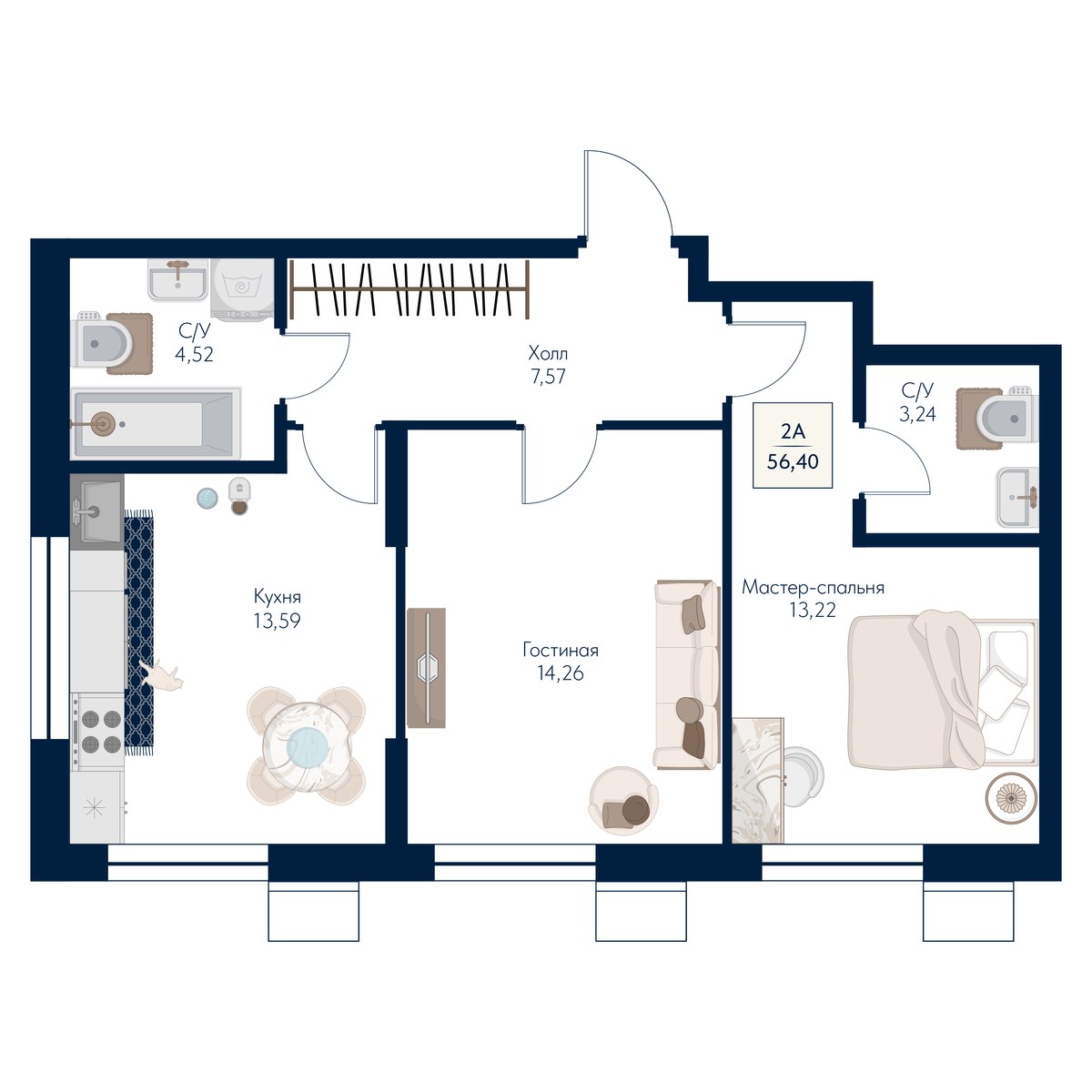 Планировка 56.4 м²
