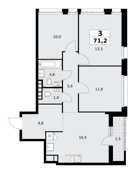 Планировка: 3-комнатная, 71.2 м²