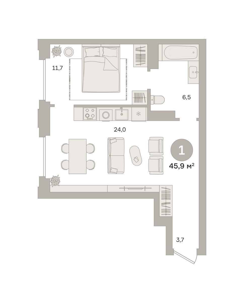 Планировка 45.84 м²