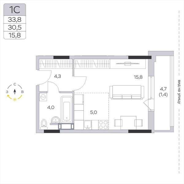 Планировка: Студия, 30.3 м²