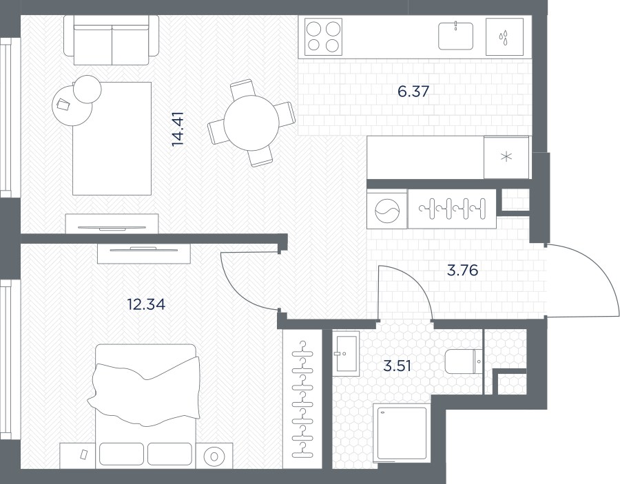Планировка: 1-комнатная, 40.39 м²