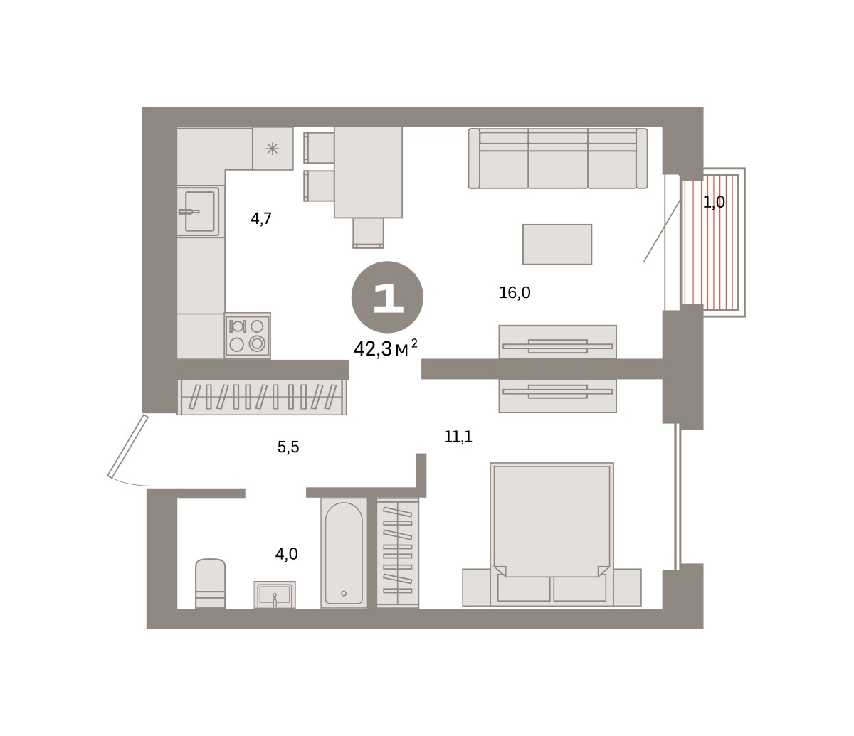 Планировка 42.3 м²