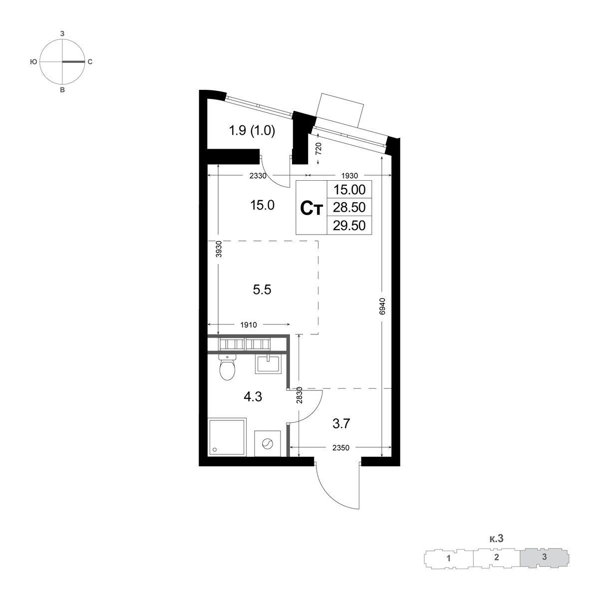 Планировка: Студия, 29.5 м²