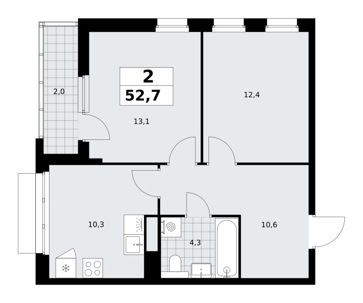 Планировка: 2-комнатная, 52.7 м²
