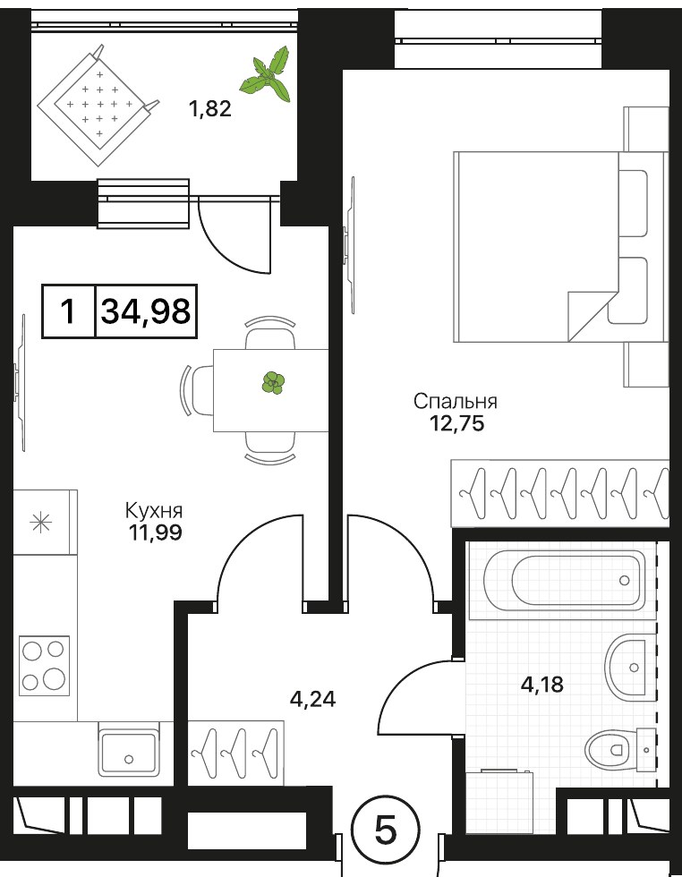 Планировка 34.98 м²