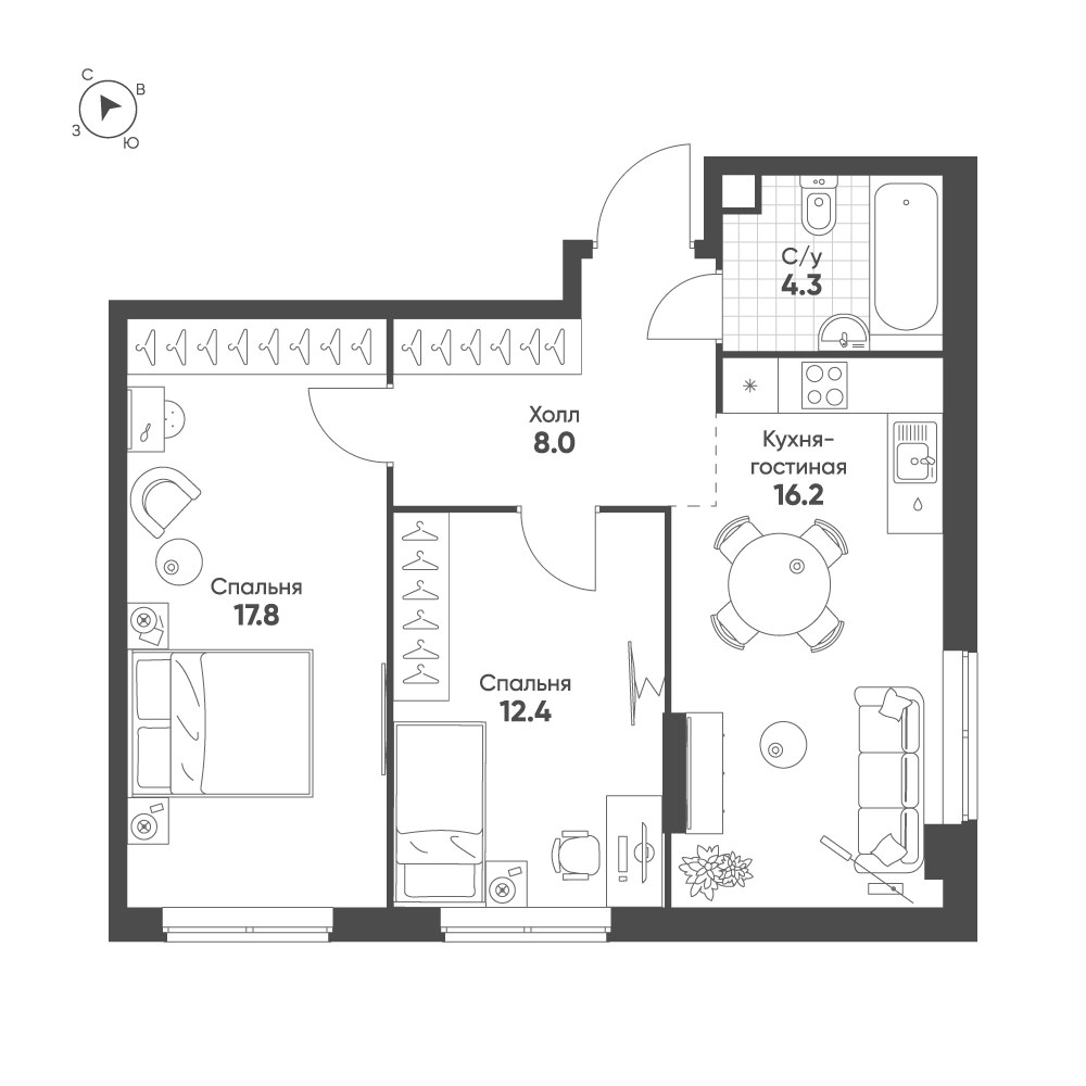 Планировка 58.7 м²