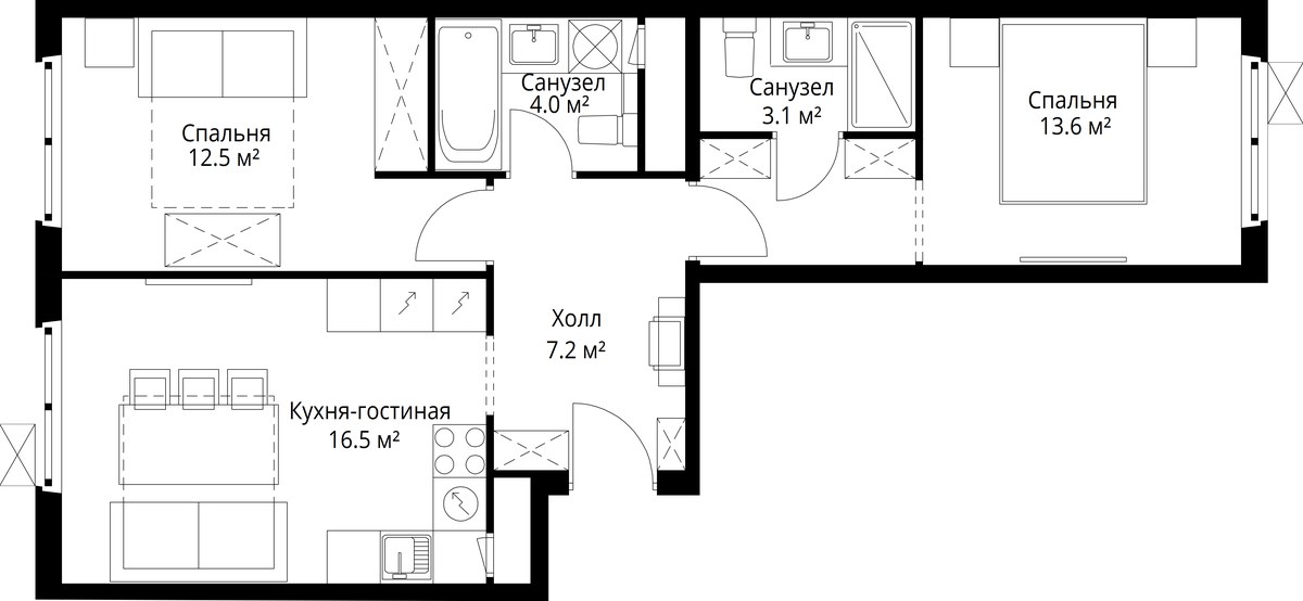 Планировка 56.9 м²