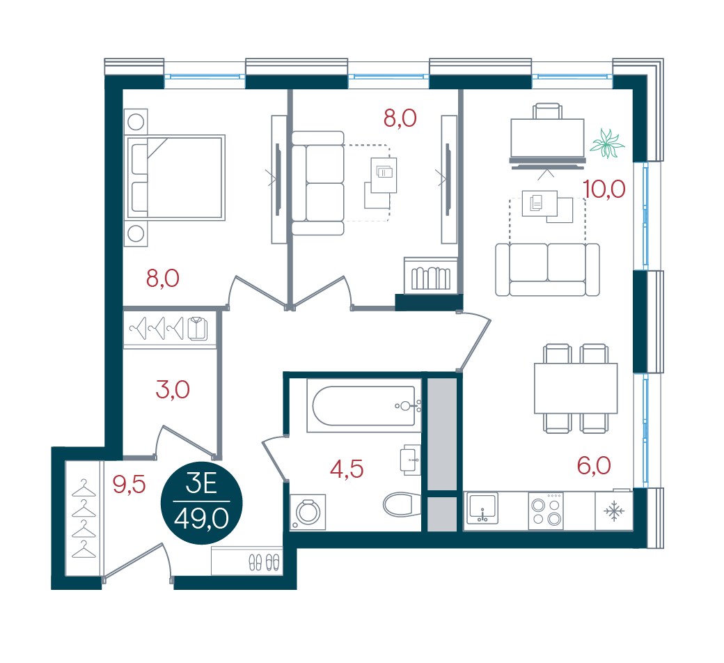 Планировка 49.0 м²