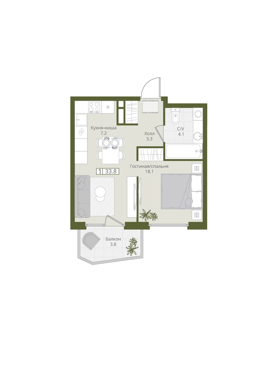 Планировка 33.8 м²