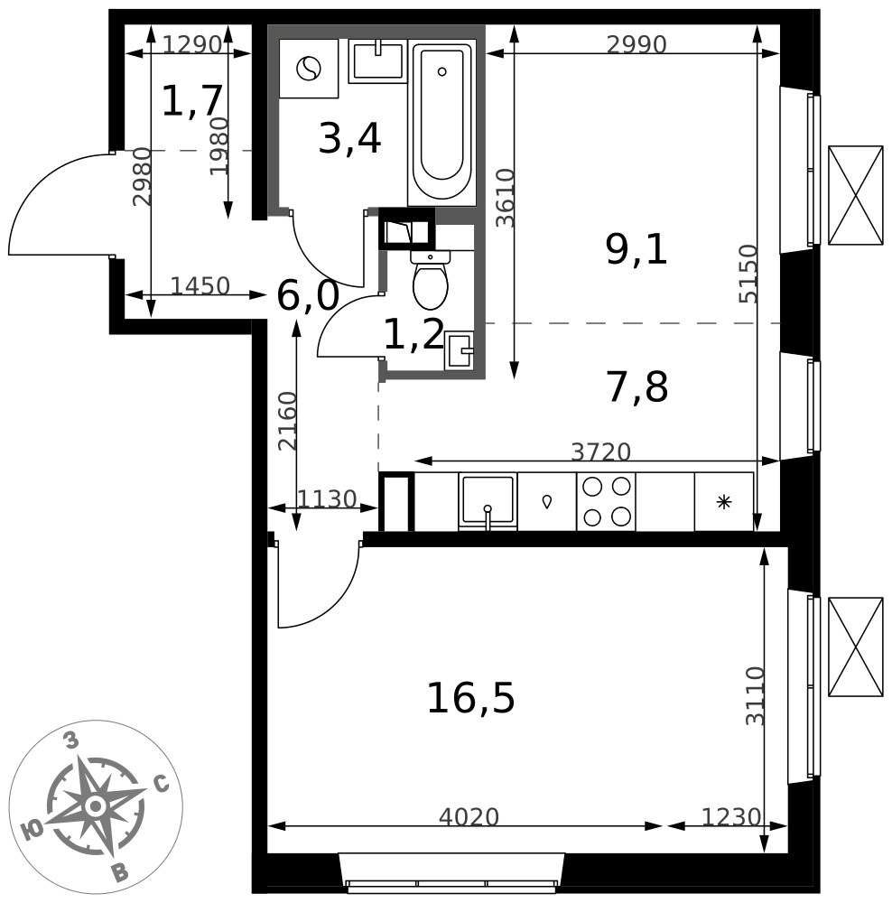Планировка 45.7 м²