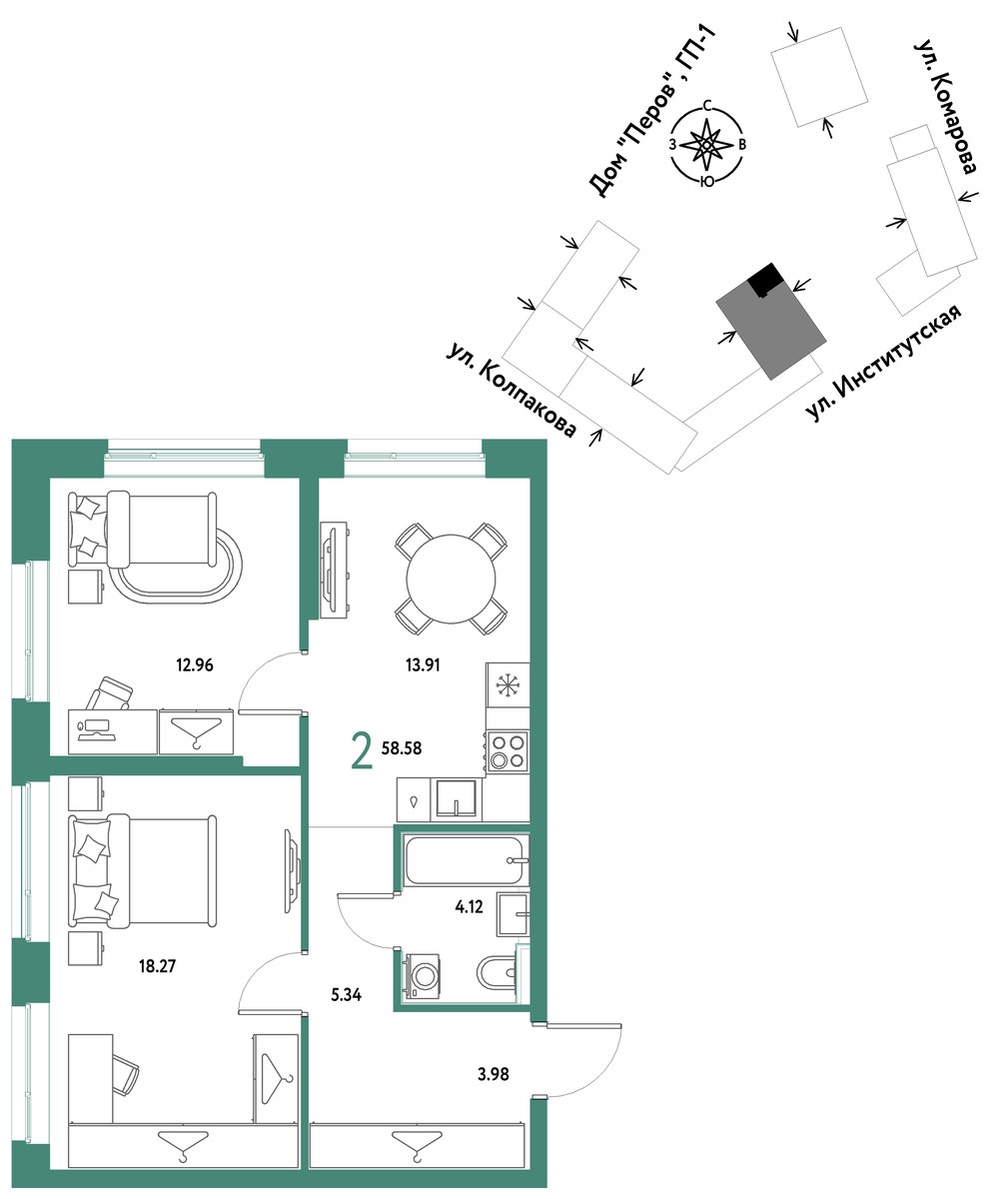 Планировка 58.58 м²