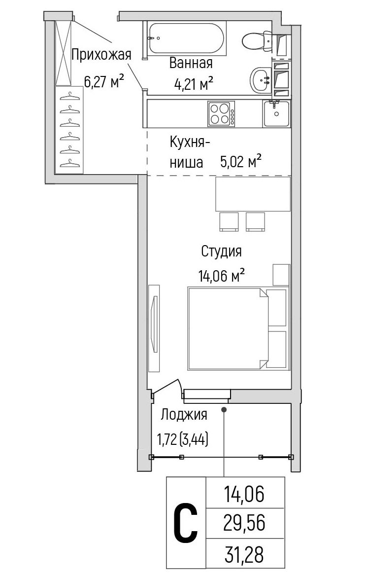 Планировка: Студия, 31.28 м²
