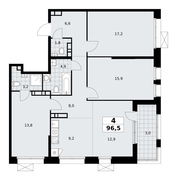 Планировка: 4-комнатная, 96.2 м²