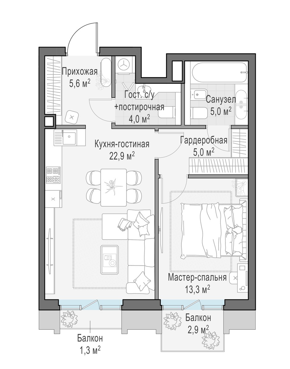 Планировка 57.9 м²