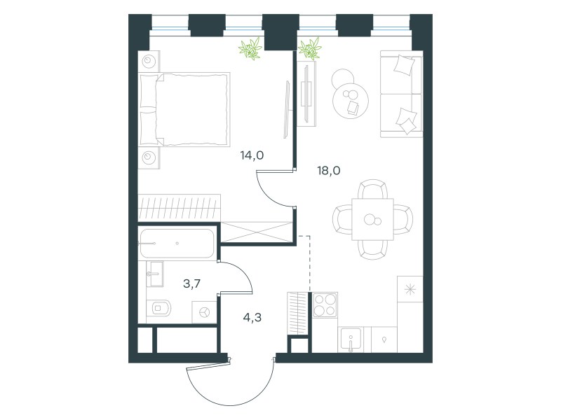 Планировка: 1-комнатная, 40.0 м²
