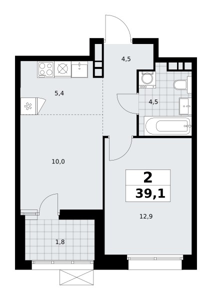 Планировка: 2-комнатная, 38.8 м²