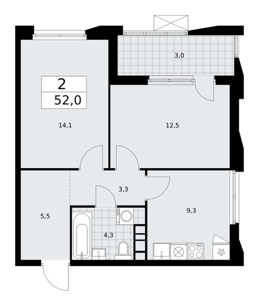 Планировка: 2-комнатная, 52.0 м²