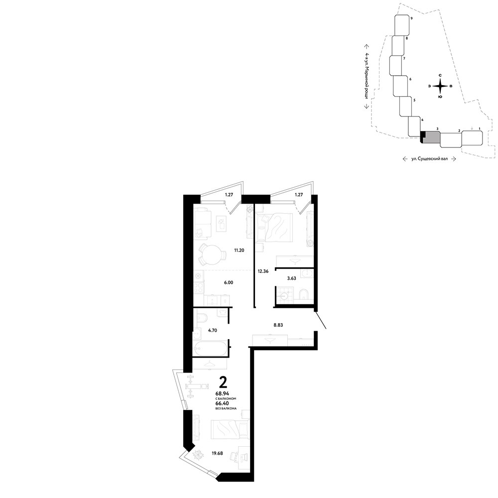 Планировка 68.94 м²
