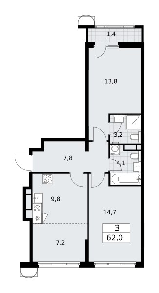 Планировка: 3-комнатная, 62.0 м²