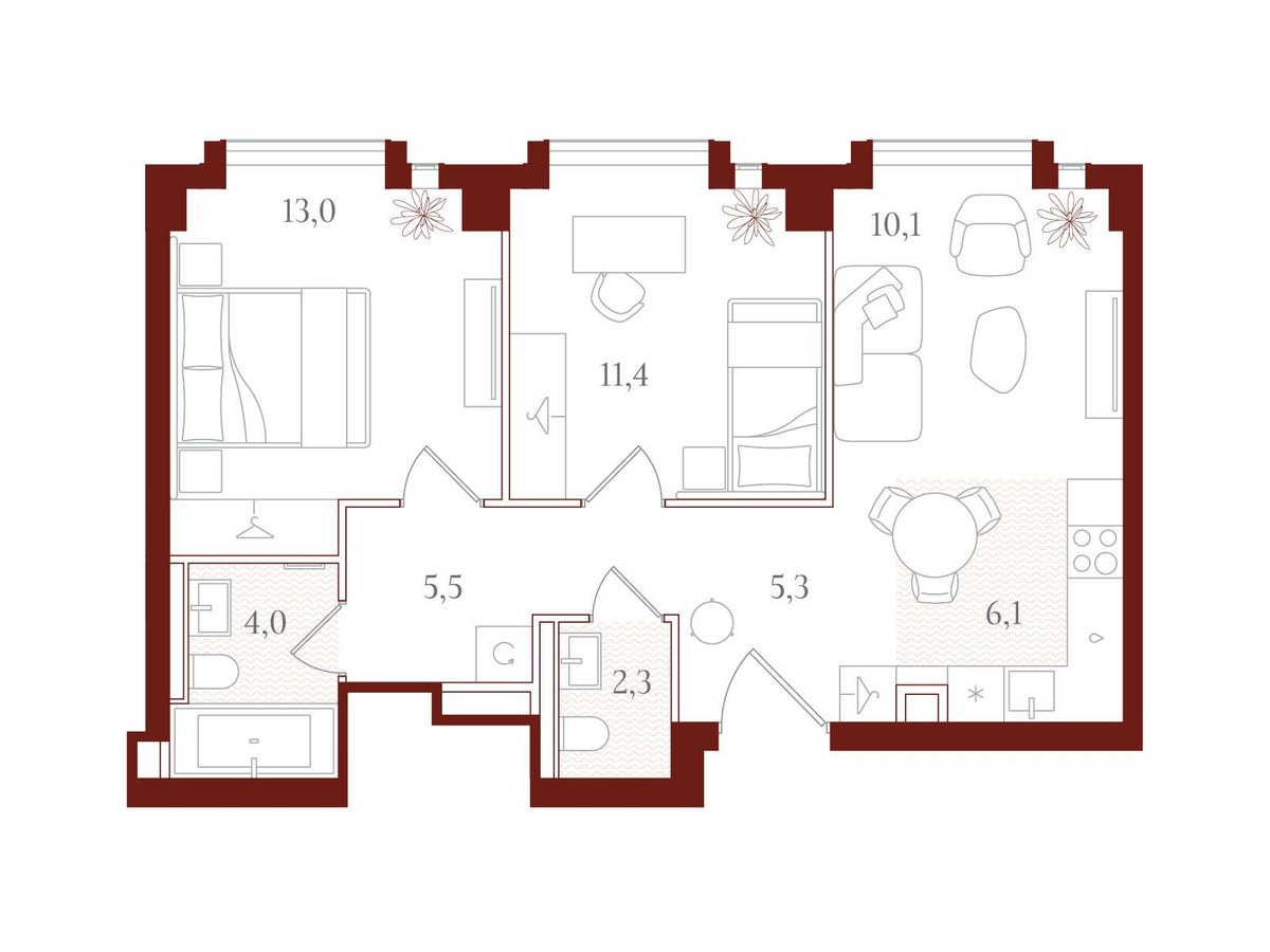 Планировка 57.7 м²