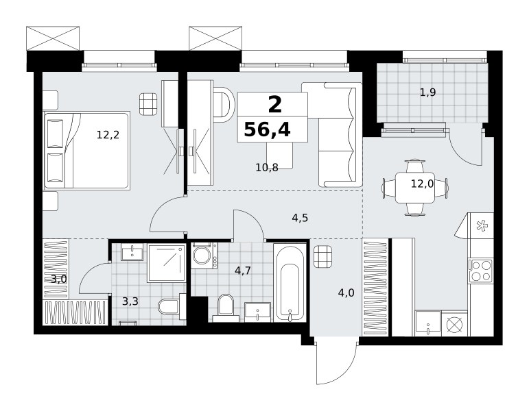 Планировка: 2-комнатная, 56.4 м²