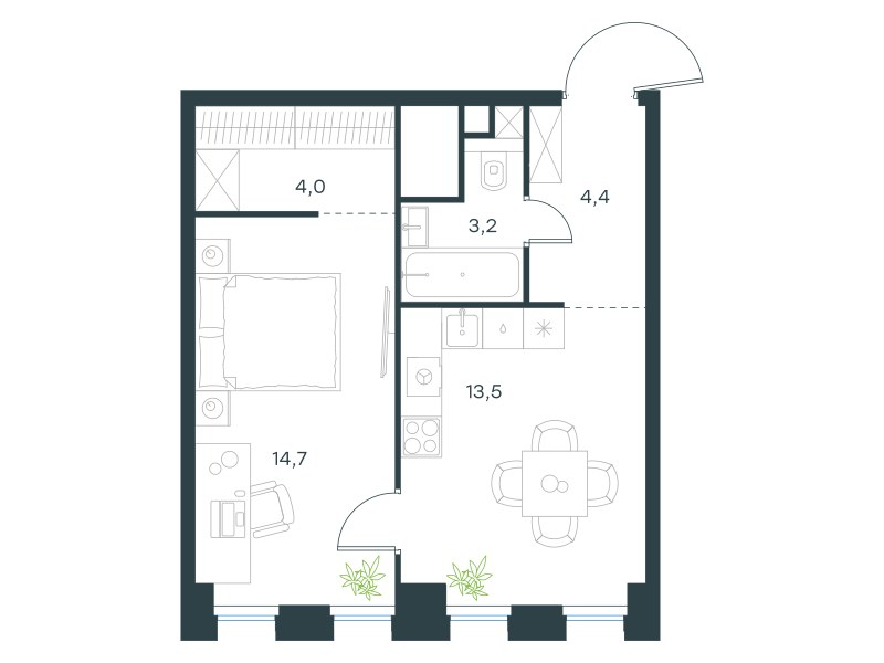 Планировка: 1-комнатная, 39.8 м²