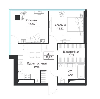 Планировка 58.87 м²